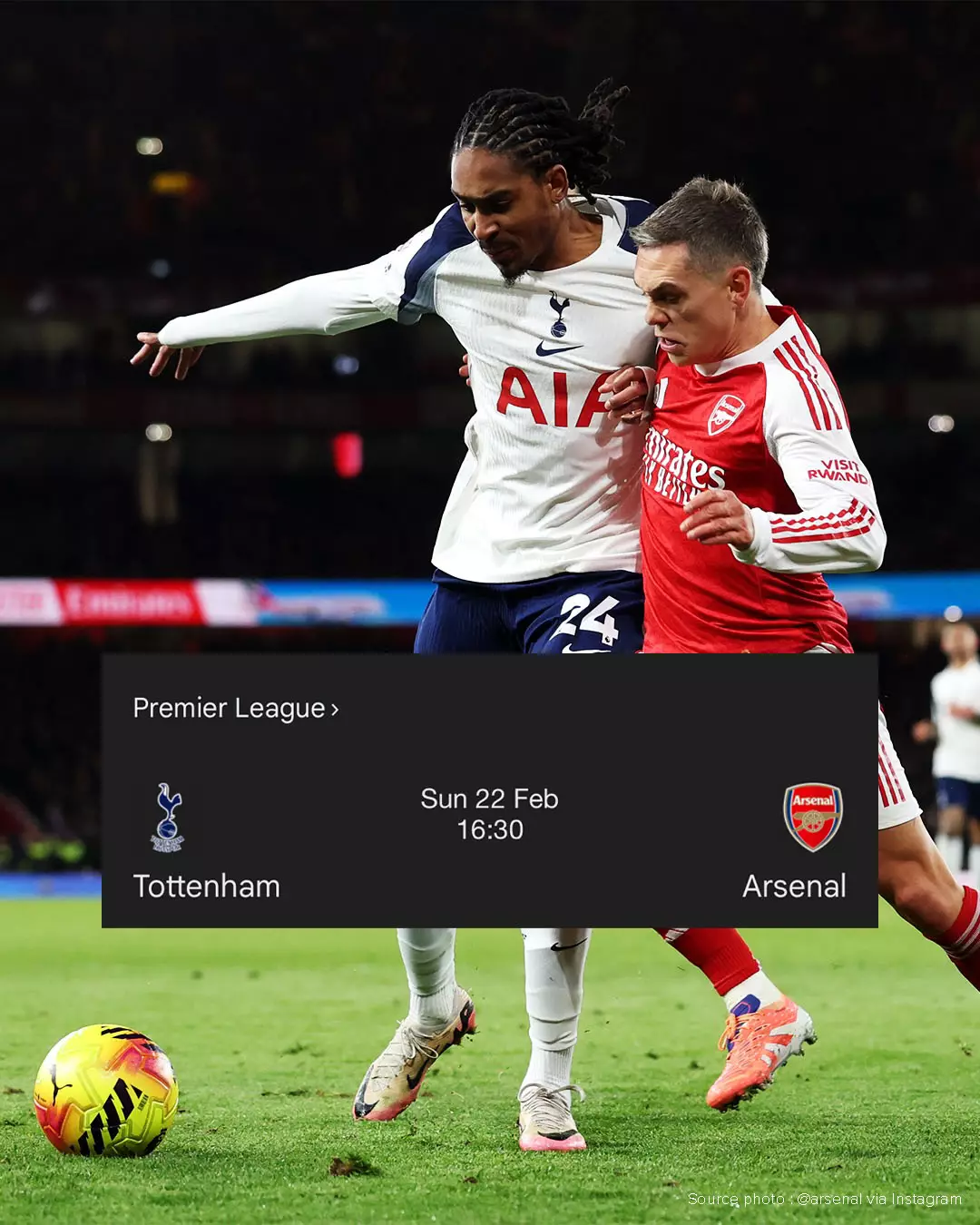 Affiche du North London Derby Tottenham vs Arsenal - Premier League 22 février 2026