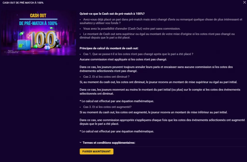 Cash Out de pré-match à 100% sans commission sur Betmomo