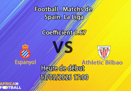 Pronostic Espanyol Athletic Bilbao au RCDE Stadium La Liga 36e journée 13 mai 2026 — analyse cotes 1xBet Afrique francophone