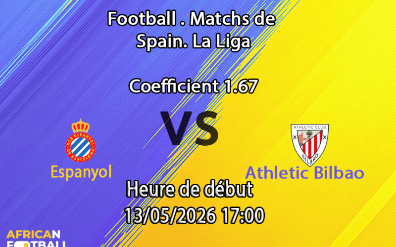 Pronostic Espanyol Athletic Bilbao au RCDE Stadium La Liga 36e journée 13 mai 2026 — analyse cotes 1xBet Afrique francophone