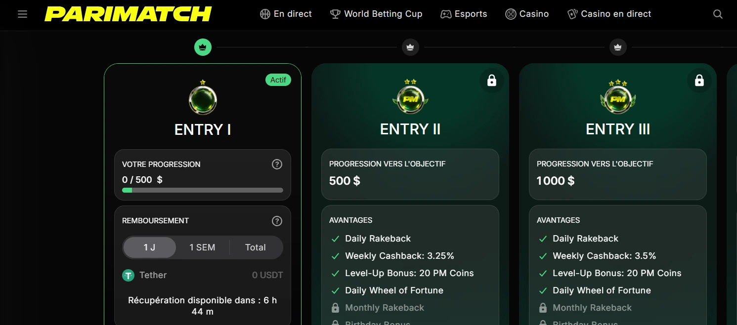 Club VIP Parimatch avec niveaux Entry, daily rakeback et weekly cashback sans wagering