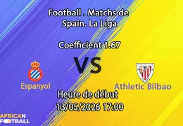 Pronostic Espanyol Athletic Bilbao au RCDE Stadium La Liga 36e journée 13 mai 2026 — analyse cotes 1xBet Afrique francophone