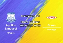 Pronostic Apollon Limassol Brann — stade Alphamega, Kolossi, Ligue Europa Conférence 2026/27, 11 août 2026